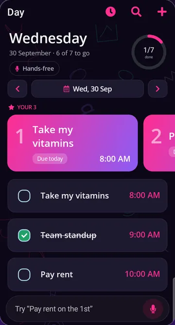 Day screen with a progress ring, YOUR 3 and the day's tasks.