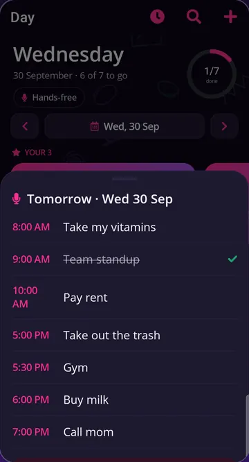 An agenda sheet listing a day's tasks from 8:00 AM to 7:00 PM, opened by asking Tasky.
