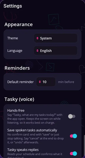 Settings: theme, language, default reminder and the Tasky voice switches.